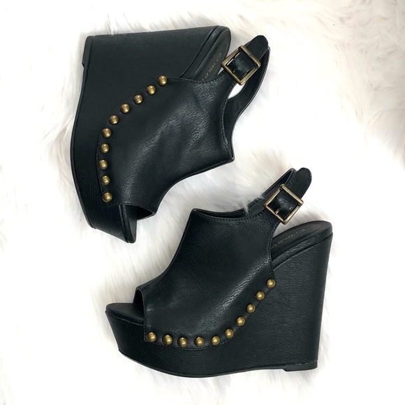 Wild Diva Shoes - Wild Diva Studded Peep Toe Platform Slingback Wedge Clog - Black - Size 7